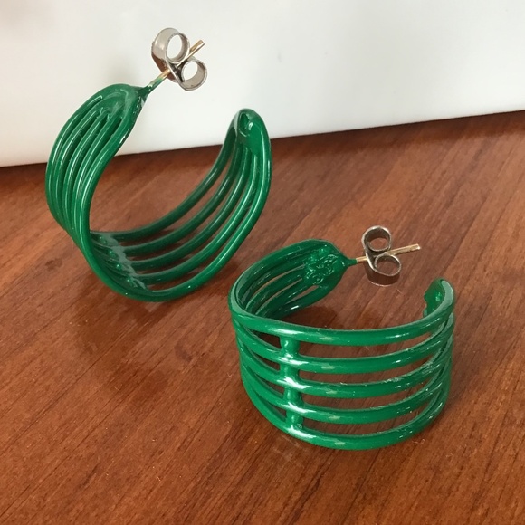 Vintage 1980s Hoop Earrings Pierced Green Retro Disco - Picture 3 of 16